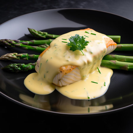 Ai generated illustration grill salmon with sauce decorated with asparagusの素材