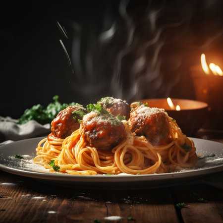 Ai generated illustration Spaghetti with meatballs in tomato sauce in a bowlの素材