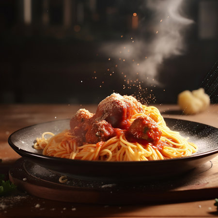 Ai generated illustration Spaghetti with meatballs in tomato sauce in a bowlの素材