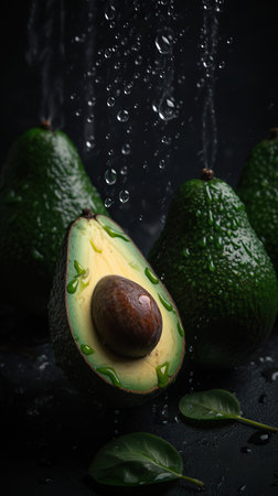Ai generated illustration top view Fresh avocado on tableの素材