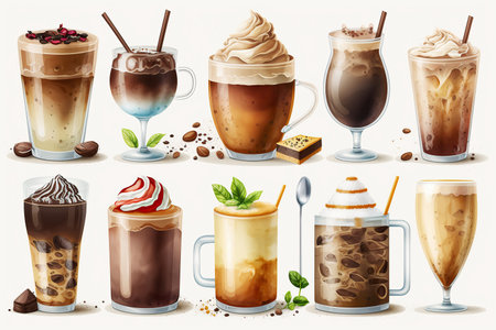 Ai generated illustration Set with different sorts of coffee in glass on white backgroundの素材