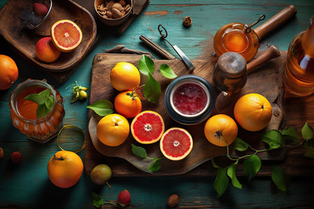 Ai generated illustration still life of assorted citrus honey and juiceの素材