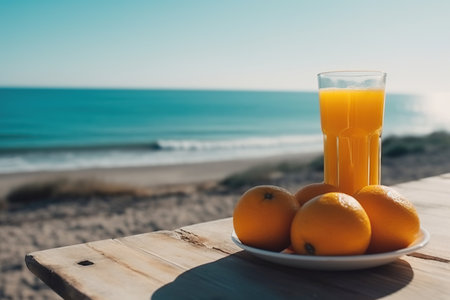 Ai generated illustration of Summer tropical beach background with fresh juice cocktail and fruitsの素材