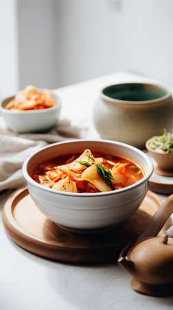 Ai generated illustration of bowl of kimchi soup against white backgroundの素材