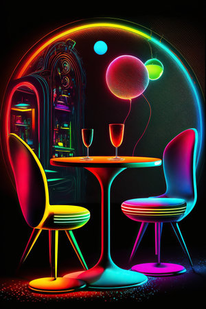 Ai generated illustration of interior of bistro or bar decorated with neon lightの素材
