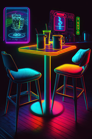 Ai generated illustration of interior of bistro or bar decorated with neon lightの素材