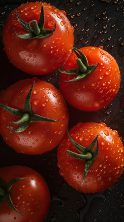 Ai generated illustration Red fresh organic tomatoes on black concrete backgroundの素材