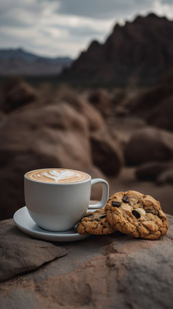 Ai generated illustration latte with cookie against mountain landscapeの素材