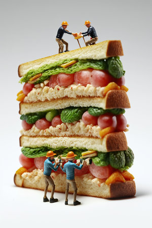 Ai generated illustration tiny figurine decorating huge sandwichの素材