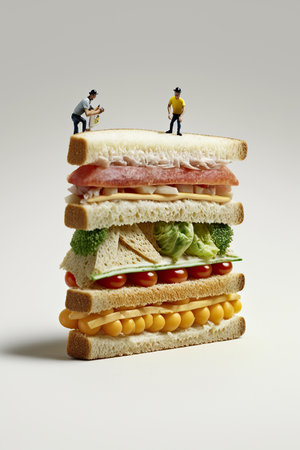 Ai generated illustration tiny figurine decorating huge sandwichの素材