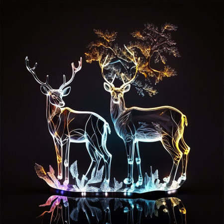 Ai generated illustration Crystal glass deer on black background. Christmas decorationの素材