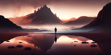Ai generated illustration Foggy morning in the mountains. Beautiful landscape with reflectionの素材