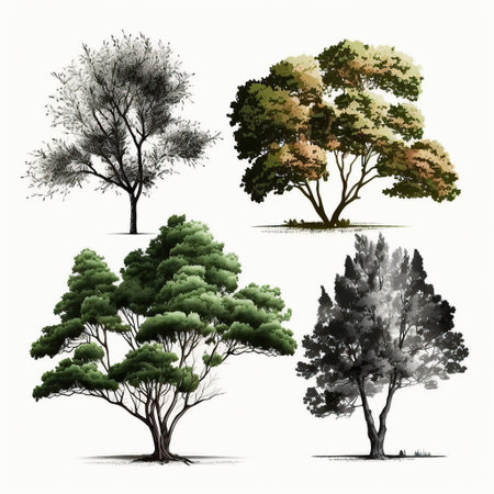 Ai generated illustration set of beautiful tree on a white backgroundの素材