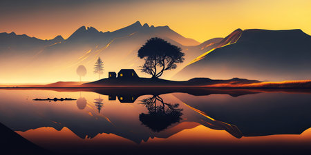 Ai generated illustration minimalist landscape with a misty serene lakeの素材