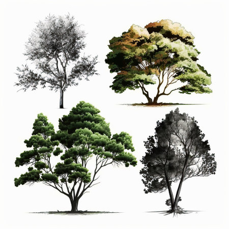 Ai generated illustration set of beautiful tree on a white backgroundの素材