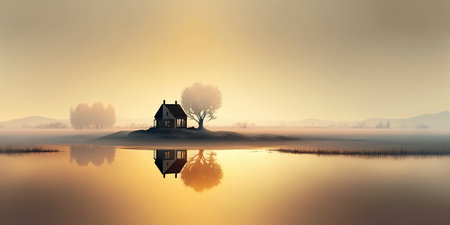 Ai generated illustration minimalist landscape with a misty serene lakeの素材