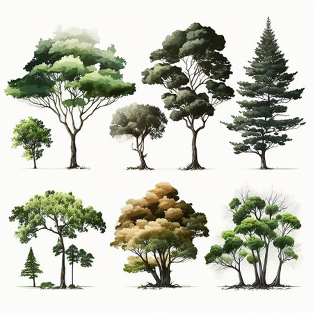 Ai generated illustration set of beautiful tree on a white backgroundの素材