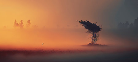 Ai generated illustration a lone tree in a foggy fieldの素材
