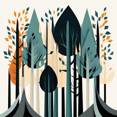 Ai generated illustration mid century art style of forest backgroundの素材