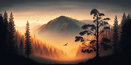 Ai generated illustration Foggy morning in the mountains. Beautiful landscapeの素材