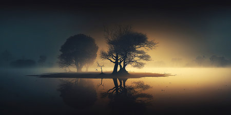 Ai generated illustration minimalist landscape with a misty serene lakeの素材