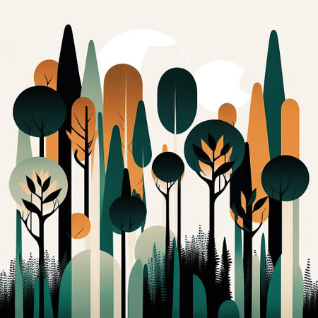 Ai generated illustration mid century art style of forest backgroundの素材