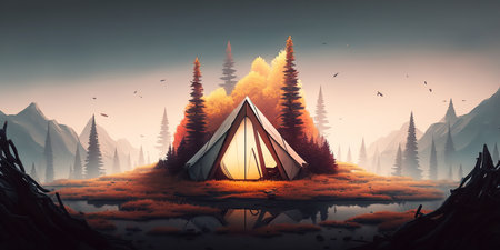 Ai generated illustration camping in a dark foggy forest.の素材