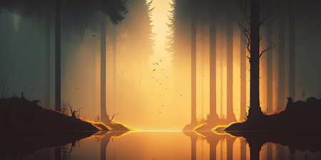 Ai generated illustration minimalist landscape with a misty serene lakeの素材
