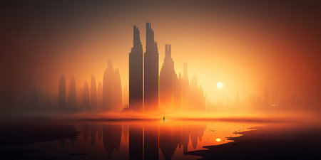 Ai generated illustration city highrises in a misty fog behind a lakeの素材