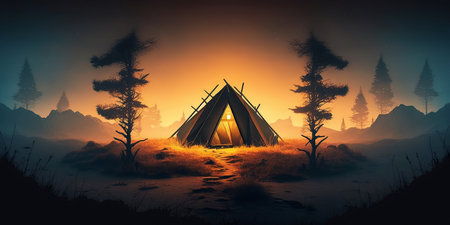 Ai generated illustration camping in a dark foggy forest.の素材