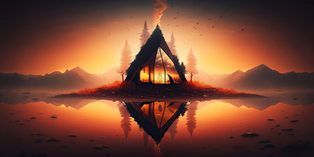 Ai generated illustration camping in a dark foggy forest.の素材