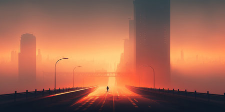 Ai generated illustration city highrises in a misty fog.の素材