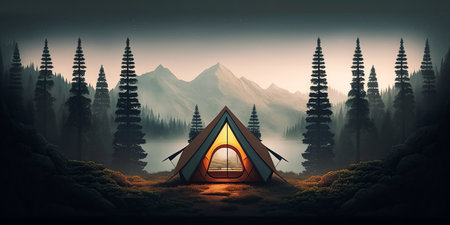Ai generated illustration camping in a dark foggy forest.の素材