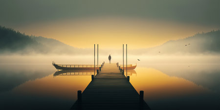 Ai generated illustration minimalist landscape a misty serene lake with boat and jettyの素材