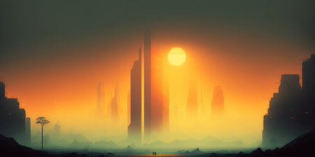 Ai generated illustration city highrises in a misty fog.の素材
