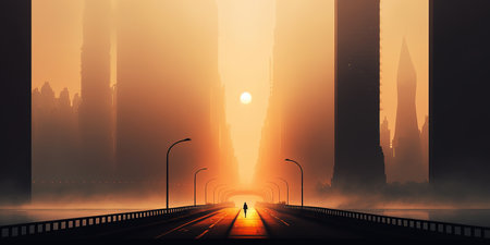 Ai generated illustration city highrises in a misty fog.の素材