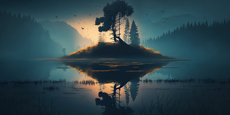 Ai generated illustration minimalist landscape with a misty serene lakeの素材