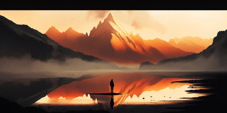 Ai generated illustration minimalist landscape with a misty serene lakeの素材