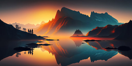 Ai generated illustration minimalist landscape with a misty serene lakeの素材