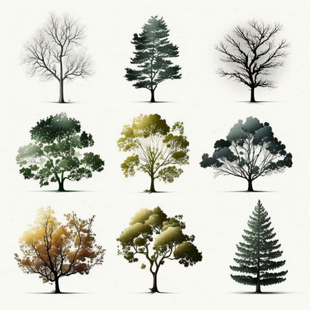 Ai generated illustration set of beautiful tree on a white backgroundの素材