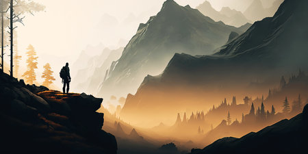 Ai generated illustration Silhouette of a person in a landscapeの素材