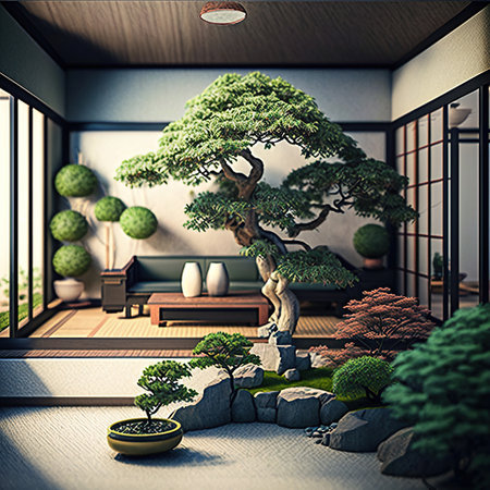 Ai generated illustration Bonsai tree by the window of a Japanese home.の素材