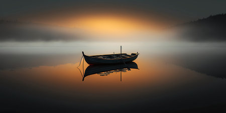 Ai generated illustration minimalist landscape a misty serene lake with boatの素材