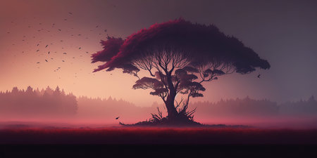 Ai generated illustration a lone tree in a foggy fieldの素材