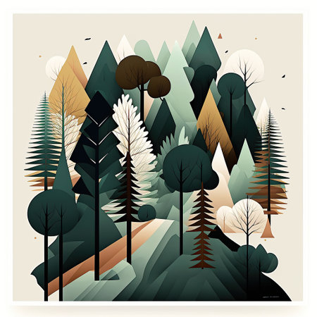 Ai generated illustration mid century art style of forest backgroundの素材