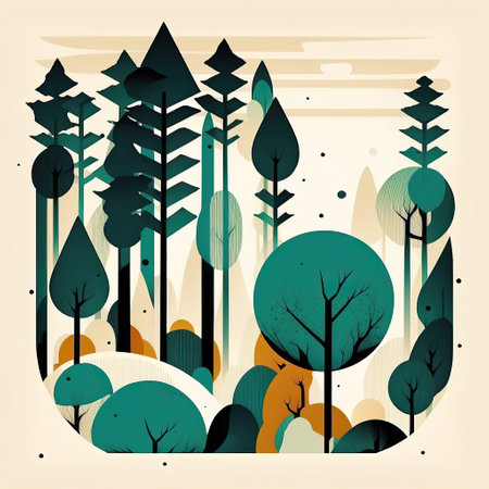 Ai generated illustration mid century art style of forest backgroundの素材
