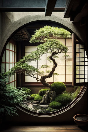 Ai generated illustration Bonsai tree by the window of a Japanese home.の素材