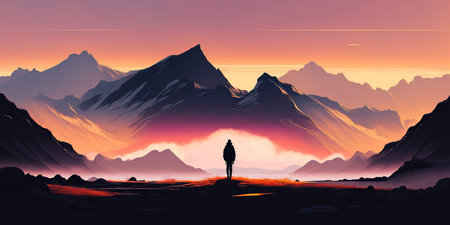 Ai generated illustration Silhouette of a person in a landscapeの素材