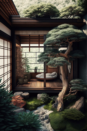 Ai generated illustration Bonsai tree by the window of a Japanese home.の素材
