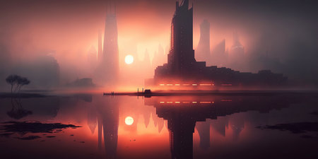Ai generated illustration city highrises in a misty fog behind a lakeの素材